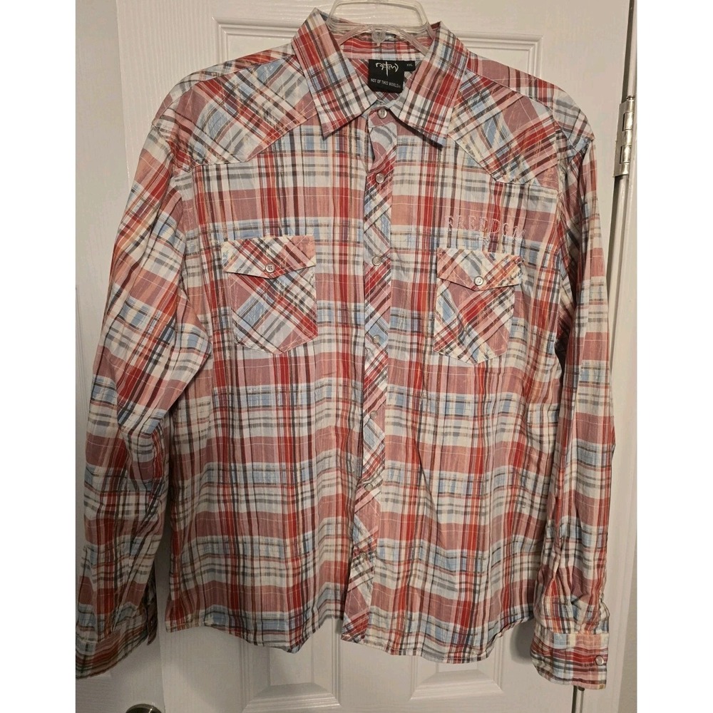 Not of This World Shirt Mens 2XL Plaid Snap Button Up Long Sleeve Y2K Spellout